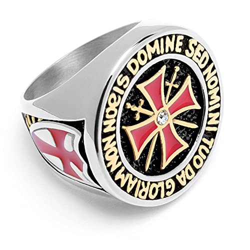 Schmuck-Checker Templer Ring aus 316L Edelstahl Kreuzritter Siegelring teilweise vergoldet mit rotem Tatzenkreuz Schwerter und Zirkon Stein (64 (20,3 mm Ø)) von Schmuck-Checker