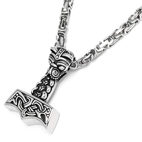 Schmuck-Checker Thors Hammer Mjölnir aus 316L Edelstahl Anhänger Gott Drachenkopf silber 60cm Königskette Wikingerschmuck Herren Geschenk von Schmuck-Checker