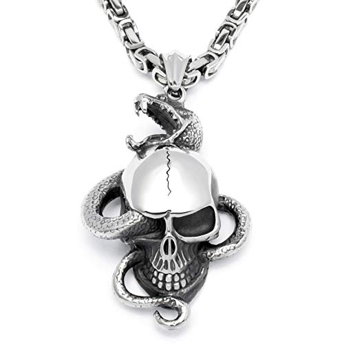 Schmuck-Checker Totenkopf mit Schlange + Königskette 316L Edelstahl Anhänger Halskette Bikerschmuck Skull Schädel Totenschädel Herrenschmuck Männer Geschenk von Schmuck-Checker