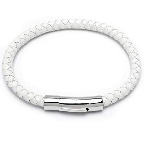 Schmuck-Checker Weißes Armband aus echtem Leder mit Edelstahl Verschluss geflochten 6mmØ hochwertiges Herrenarmband (22.0) von Schmuck-Checker