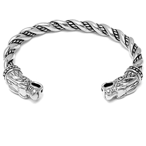 Schmuck-Checker Wikinger Armreif verziert mit Wolfsköpfen silber gold Wolf Schmuck aus 316L Edlestahl Männer Geschenk verzierter Herren Armschmuck (Silber) von Schmuck-Checker