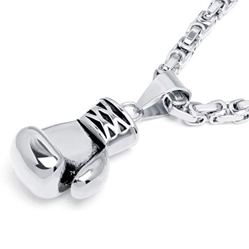 Schmuck-Checker XL Massiver Edelstahl Anhänger Boxhandschuh Kampfsport Gold Silber schwarz schwer groß mit Königskette Halskette Bikerschmuck Männerschmuck Geschenk (Silber) von Schmuck-Checker