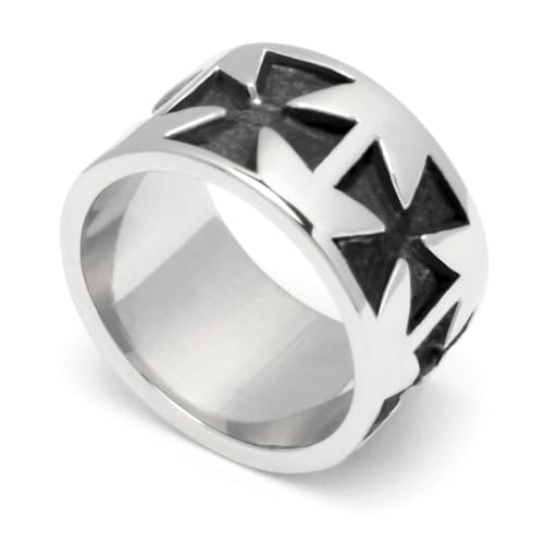 Schmuck-Checker großer Bikerring mit Eisernen Kreuzen aus Edelstahl breiter Bandring silber schwarz Iron Crosses Herren Geschenk (68 (21,6 mm Ø)) von Schmuck-Checker