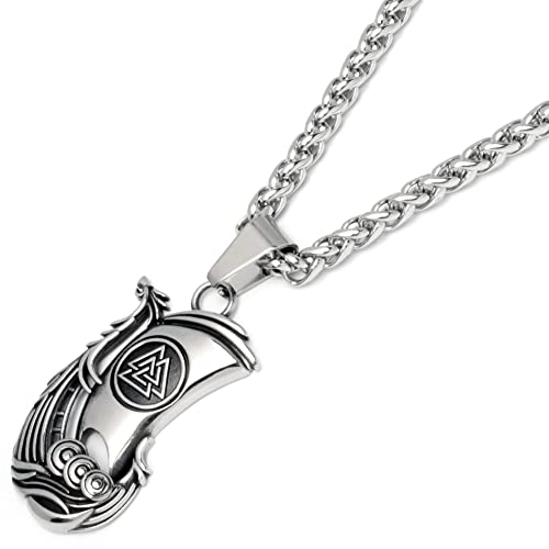 Wikinger-Schiff Kettenanhänger aus hochwertigem 316L Edelstahl Valknut Segel Drachenschiff mit Halskette Wikinger-Schmuck Herren Kette Männer Geschenk (Silber) von Schmuck-Checker