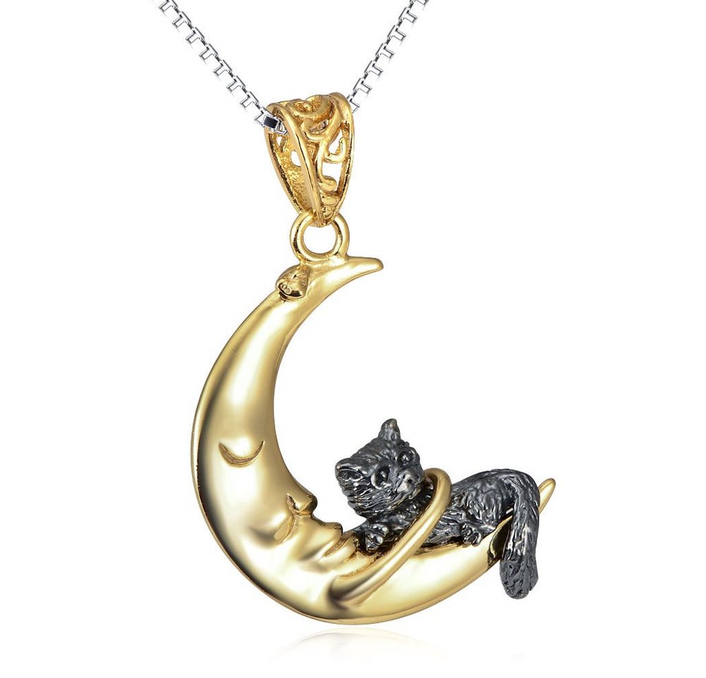 Schmuck-Elfe Kette mit Anhänger Mond mit kleiner Katze, 925 Sterling Silber vergoldet von Schmuck-Elfe