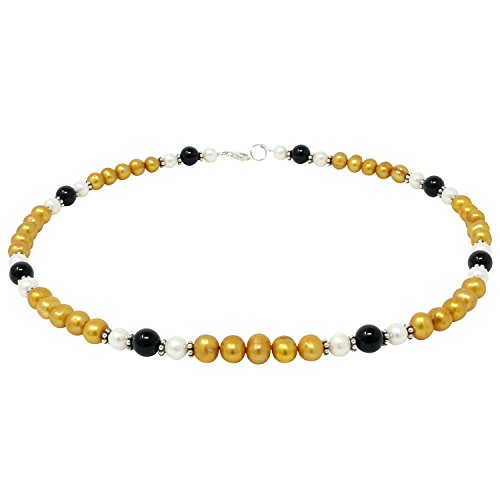 Kette Collier Halskette aus Perlen SüÃŸwasser-Zuchtperlen & Onyx gelb-schwarz-weiÃŸ 48cm von Schmuck Krone