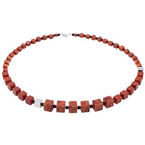 Kette Collier Koralle Würfel & Onyx & 925 Silber rot-braun schwarz Designerkette Damen von Schmuck-Krone - Edelsteinschmuck