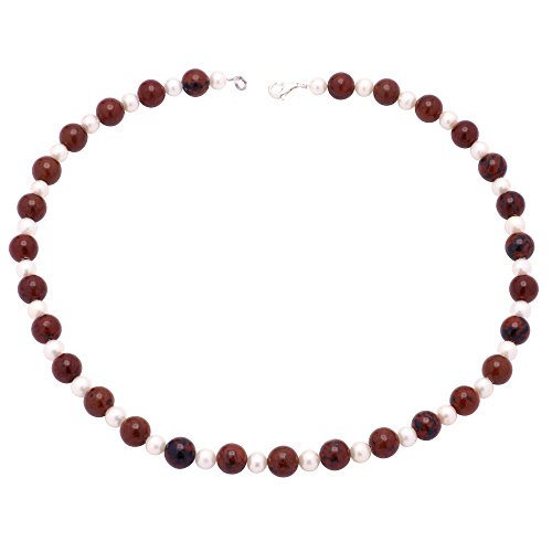 Kette Collier aus Mahagoni Obsidian & Perlen 925 Silber gefleckt schwarz-braun weiÃŸ von Schmuck-Krone - Edelsteinschmuck