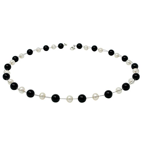 Kette Collier aus Onyx & Perlen schwarz weiß Halsschmuck Damen Länge 48cm von Schmuck Krone