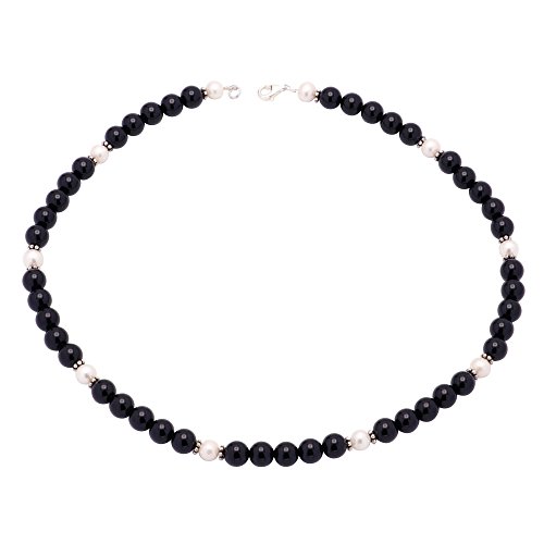 Kette Collier aus echtem Onyx & Perlen & 925 Silber schwarz weiß edel Halskette für Damen von Schmuck-Krone - Edelsteinschmuck