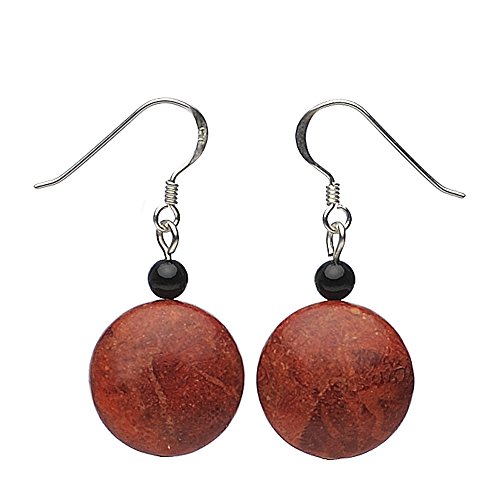 Ohrringe Ohrhänger Ohrschmuck Schaum-Koralle Kreis 18mm & Onyx 925 Silber flach rot-braun schwarz von Schmuck Krone