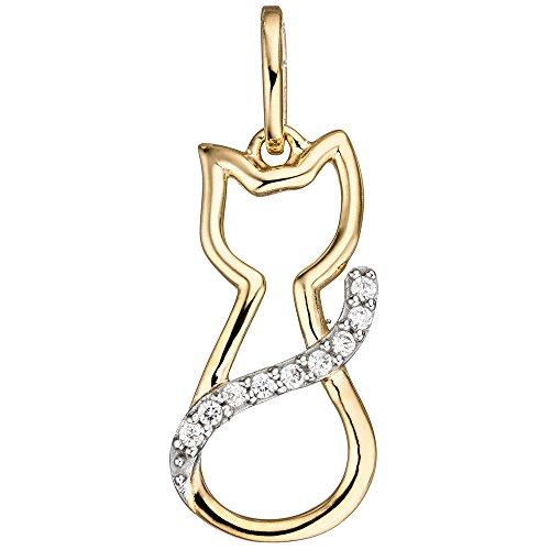 Anhänger Katze Katzensilhouette mit weißen Zirkonia 333 Gold Gelbgold Damen von Schmuck Krone