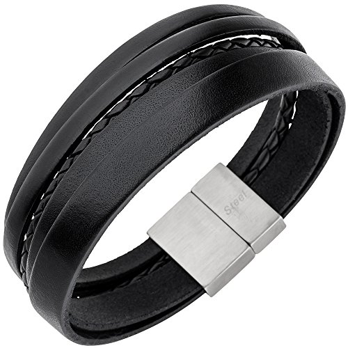 Armband Armschmuck für Herren 5-reihig Leder schwarz geflochten Edelstahl 21cm von Schmuck Krone