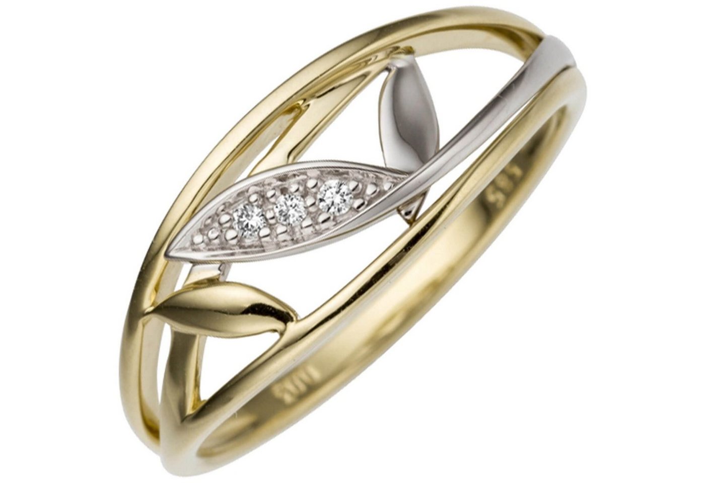 Schmuck Krone Diamantring Ring Damenring, Blätter mit 3 Diamant Brillanten, 585 Gold Gelbgold Weißgold, Gold 585 von Schmuck Krone