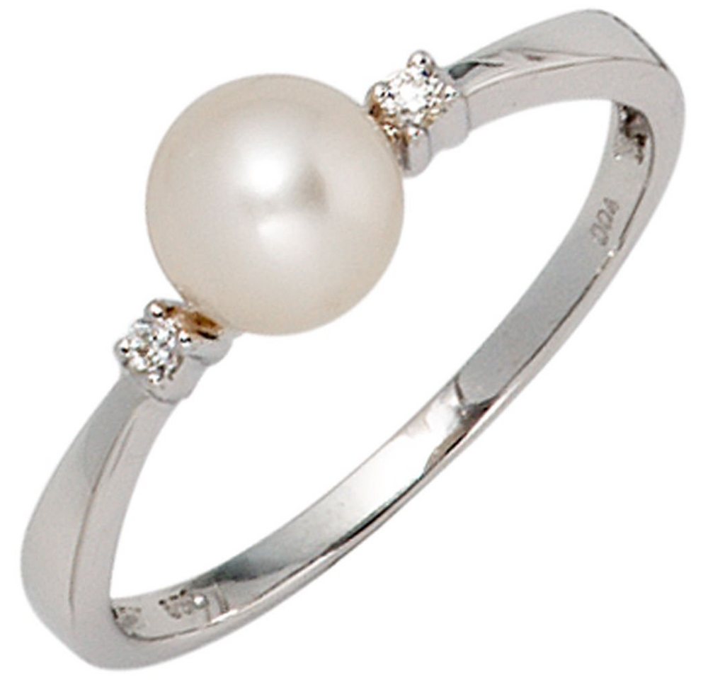 Schmuck Krone Fingerring Ring, Perle & Brillanten, 585 Weißgold, Damen, Gold 585 von Schmuck Krone