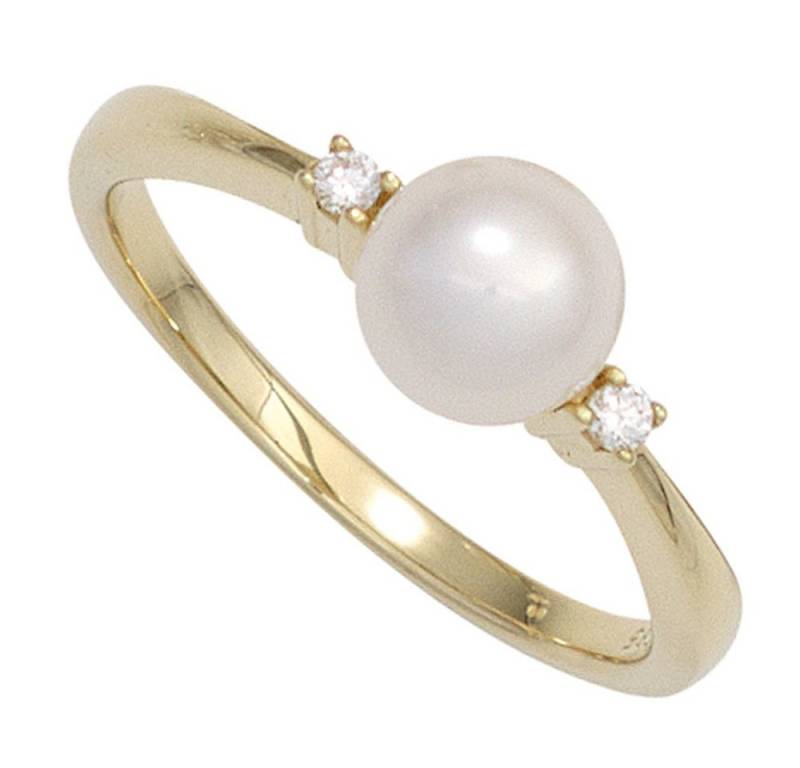 Schmuck Krone Fingerring Ring, Süßwasser Perle & 2 Brillanten, 585 Gelbgold, Gold 585 von Schmuck Krone