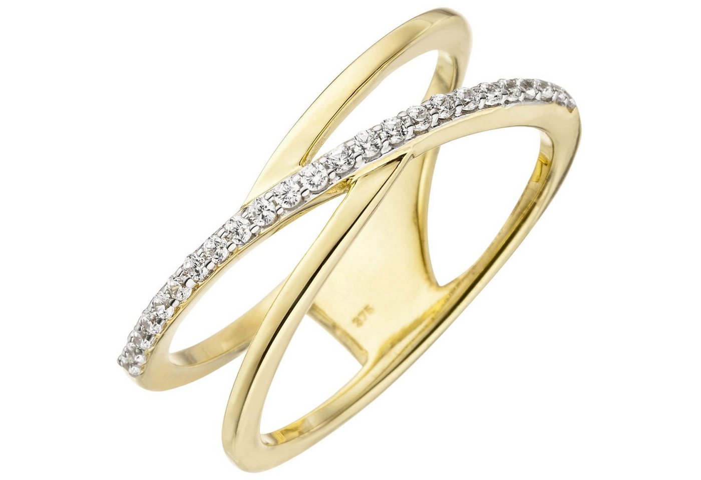 Schmuck Krone Fingerring Ring Damenring elegant verformt 2-reihig mit weißen Zirkonia 375 Gold Gelbgold, Gold 375 von Schmuck Krone