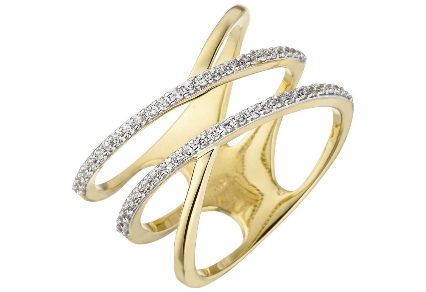 Schmuck Krone Fingerring Ring Damenring elegant verformt weiße Zirkonia breit 3-rreihig 375 Gold Gelbgold, Gold 375 von Schmuck Krone