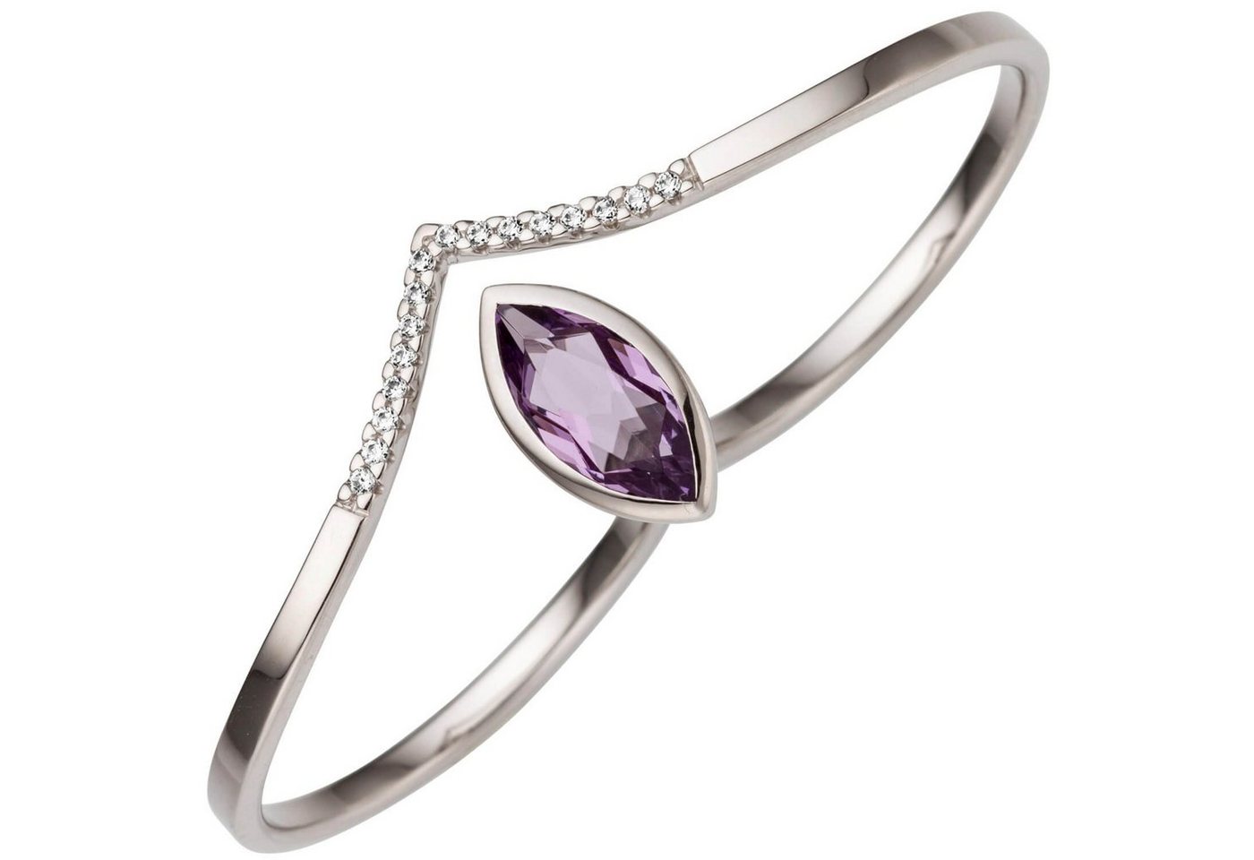 Schmuck Krone Fingerring Ring Damenring für zwei Finger mit Amethyst-Navette Zirkonia, 333 Gold Weißgold, Gold 333 von Schmuck Krone