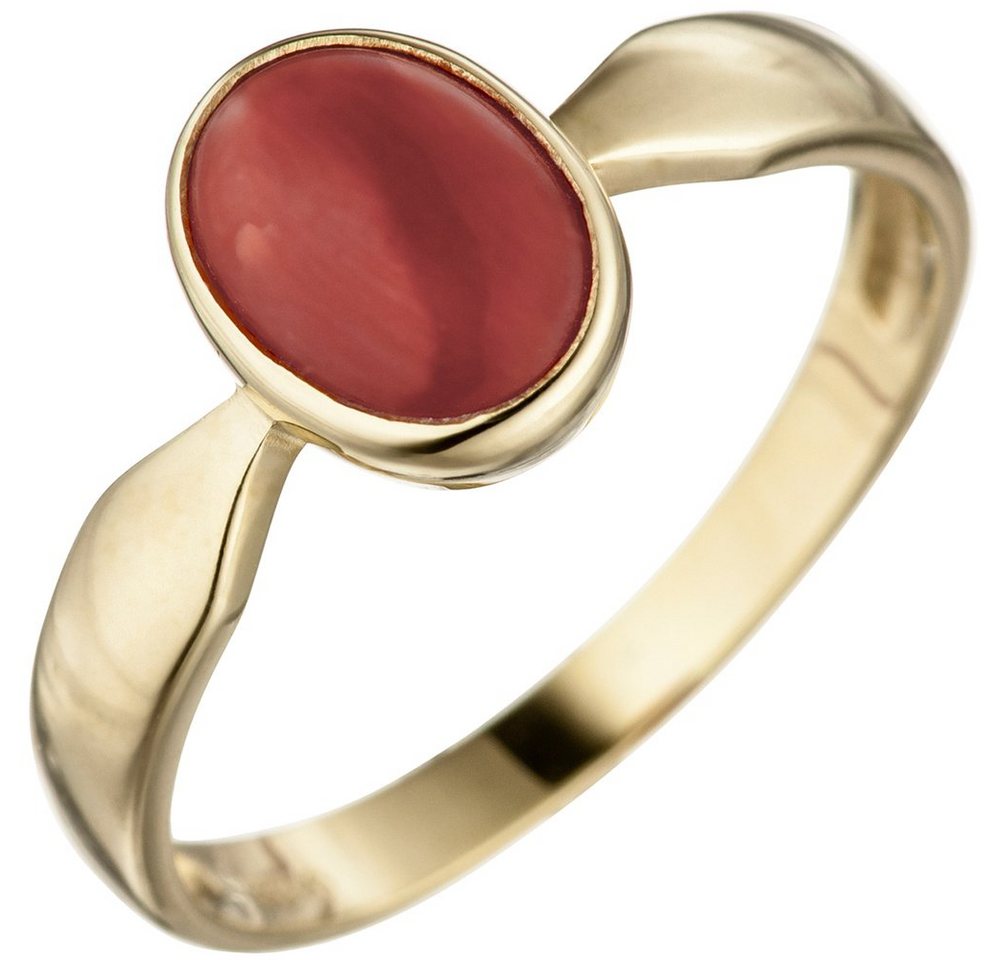 Schmuck Krone Fingerring Ring Damenring mit Koralle rot oval 333 Gold Gelbgold Goldring Fingerschmuck, Gold 333 von Schmuck Krone