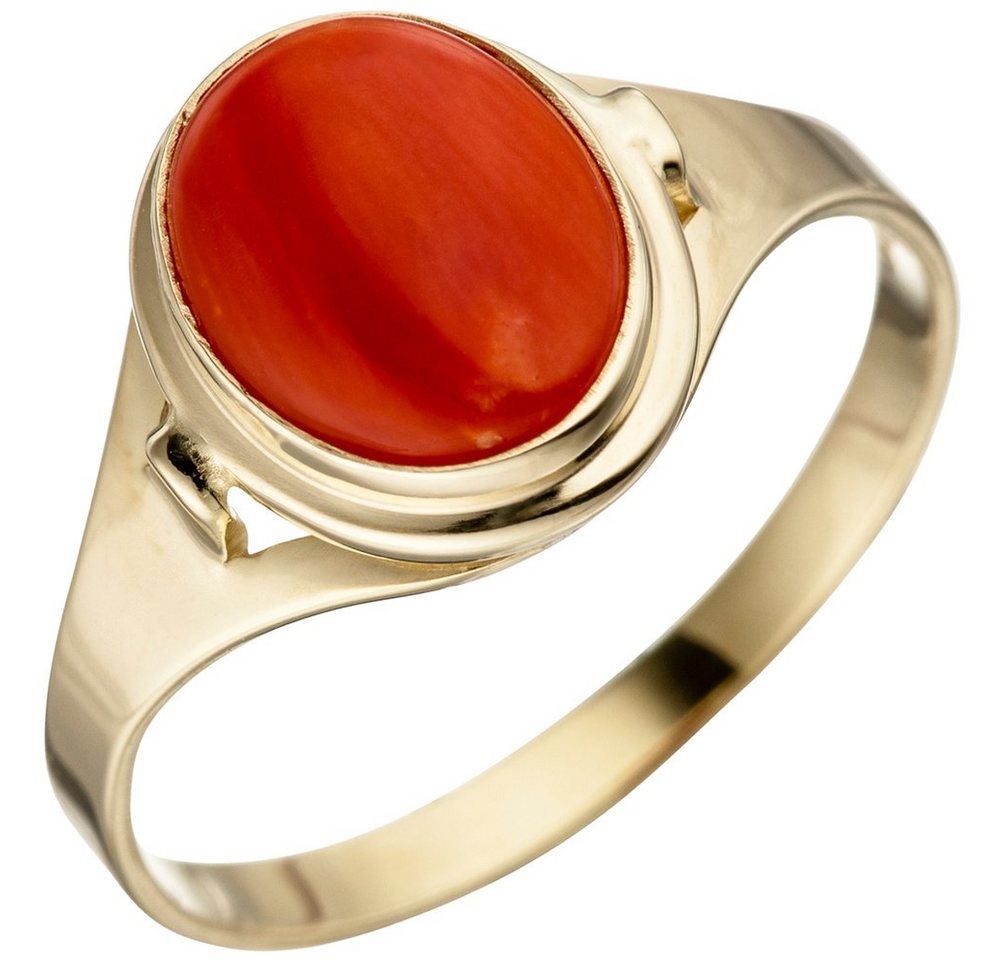 Schmuck Krone Fingerring Ring Damenring mit Koralle rot oval 333 Gold Gelbgold Korallenring schlicht, Gold 333 von Schmuck Krone