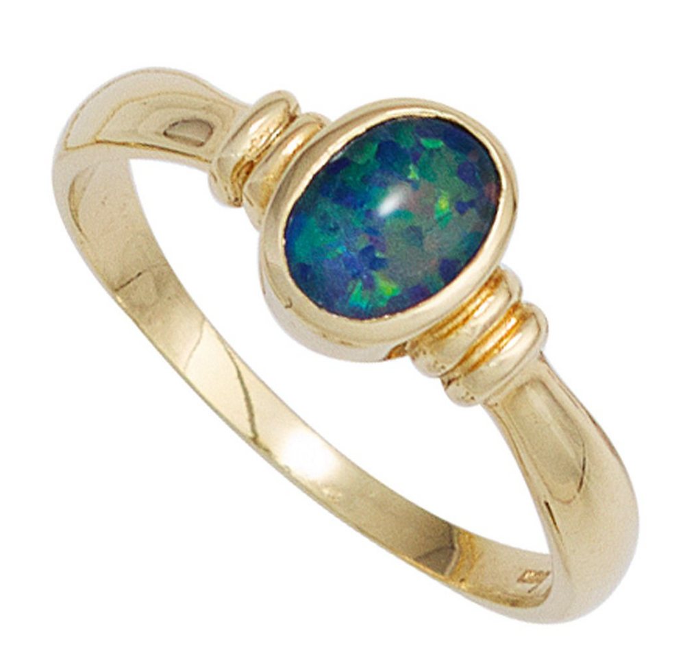 Schmuck Krone Fingerring Ring Damenring mit Opal oval blau-grün 585 Gold Gelbgold Goldring Opalring, Gold 585 von Schmuck Krone