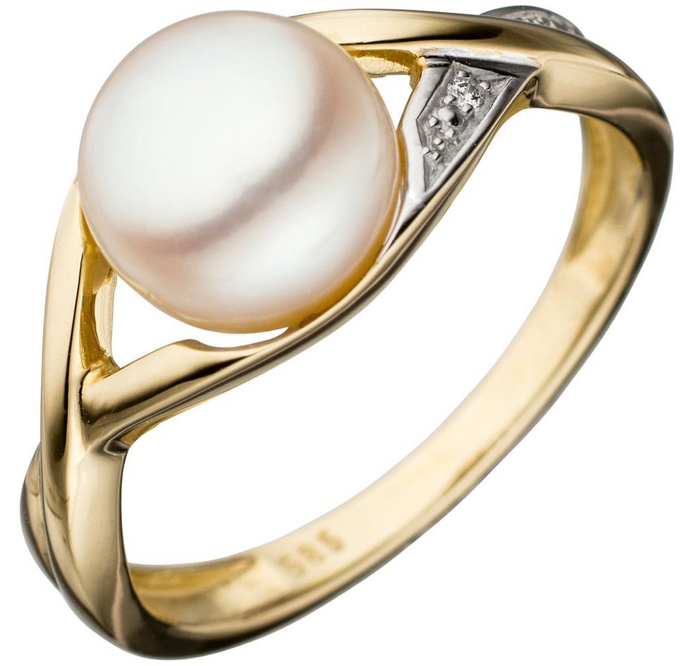 Schmuck Krone Fingerring Ring Damenring mit Perle Süßwasser Zuchtperle weiß 585 Gold Gelbgold bicolor, Gold 585 von Schmuck Krone