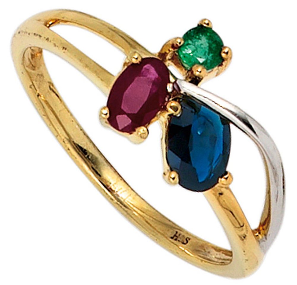 Schmuck Krone Fingerring Ring Damenring mit Rubin Safir Smaragd 585 Gold Gelbgold rot blau grün, Gold 585 von Schmuck Krone