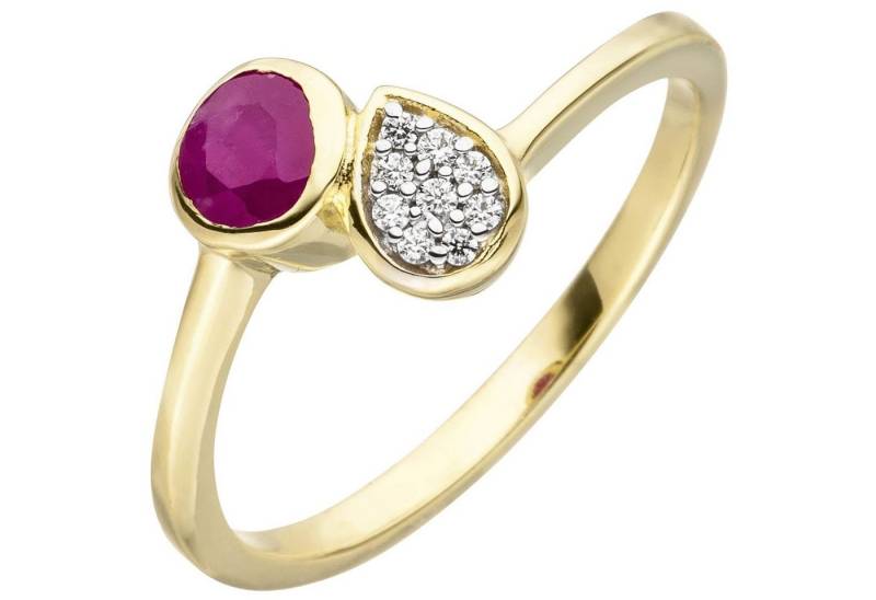 Schmuck Krone Fingerring Ring Damenring mit Rubin rot & 9 Zirkonia weiß 333 Gold Gelbgold Kreis & Tropfen, Gold 333 von Schmuck Krone