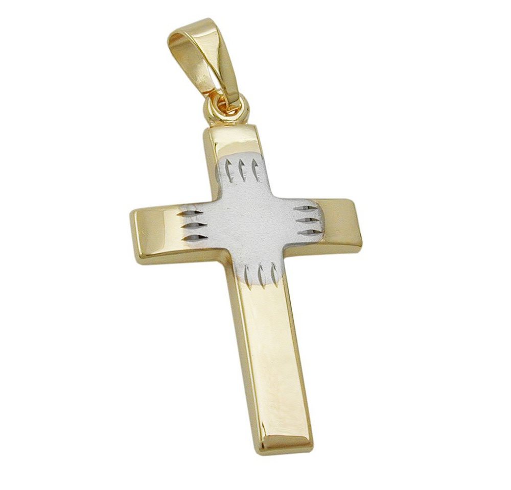 Schmuck Krone Kettenanhänger Anhänger Kreuz aus 375 Gold bicolor teil-rhodiniert 21x14mm Halsschmuck Unisex, Gold 375 von Schmuck Krone