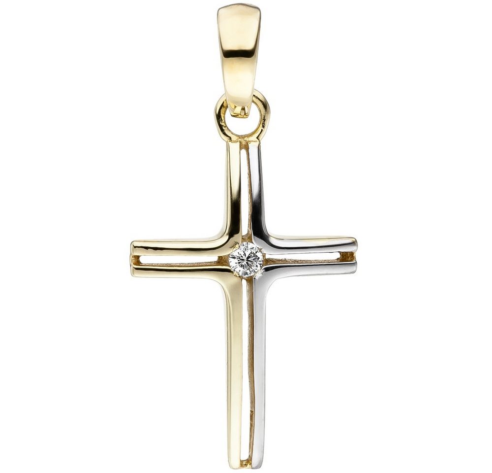 Schmuck Krone Kettenanhänger Anhänger Kreuz mit weißen Zirkonia in der Mitte 375 Gold Gelbgold Goldanhänger, Gold 375 von Schmuck Krone