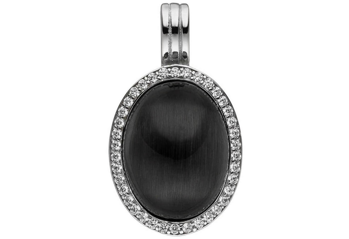 Schmuck Krone Kettenanhänger Anhänger Mondstein-Imitation schwarz mit Wölbung oval 38 Zirkonia 925 Silber, Silber 925 von Schmuck Krone