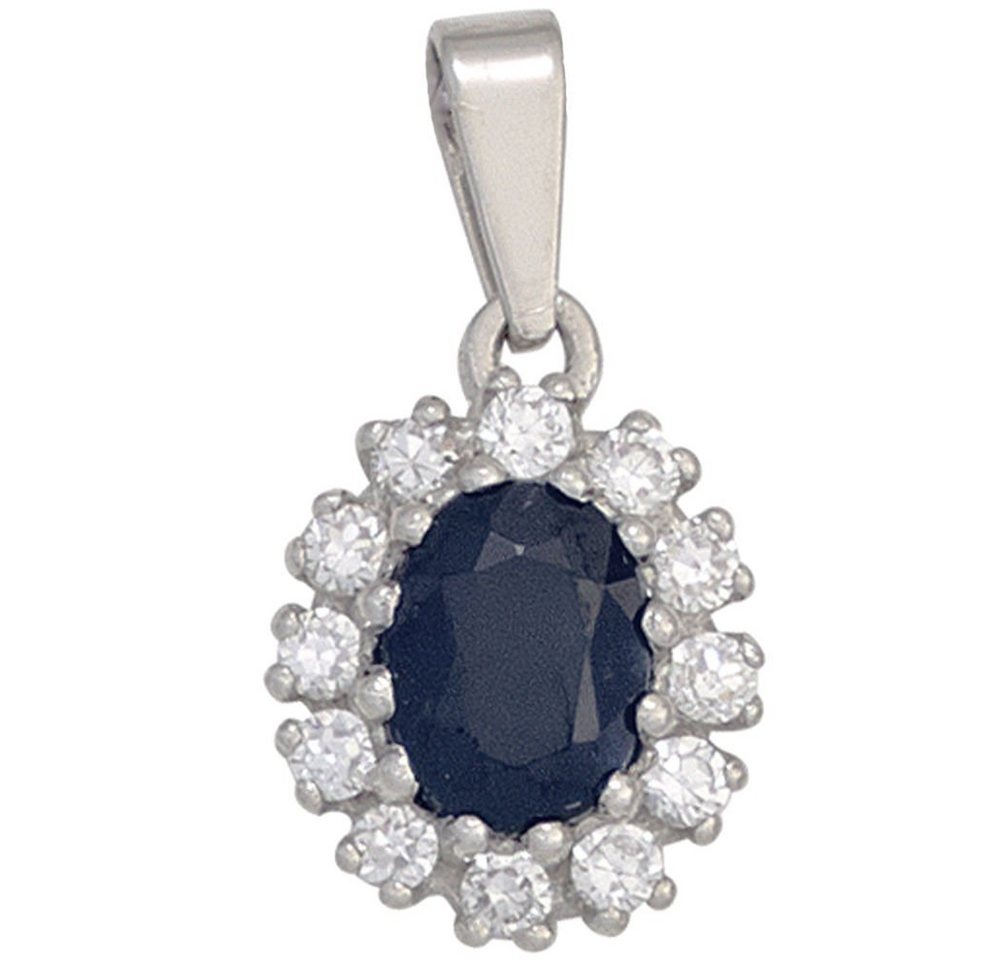 Schmuck Krone Kettenanhänger Anhänger mit Safir Saphir blau & Zirkonia rundum weiß 925 Silber oval Damen, Silber 925 von Schmuck Krone