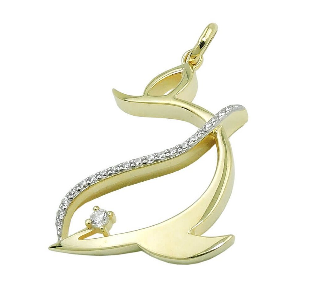 Schmuck Krone Kettenanhänger Anhänger stilisierter Delfin 25x20mm mit Zirkonias 375 Gold Gelbgold glänzend, Gold 375 von Schmuck Krone