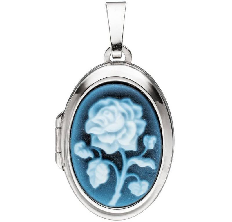 Schmuck Krone Kettenanhänger Medaillon 2 Fotos Anhänger zum Öffnen blaue Achat Gemme & Rose oval 925 Silber, Silber 925 von Schmuck Krone