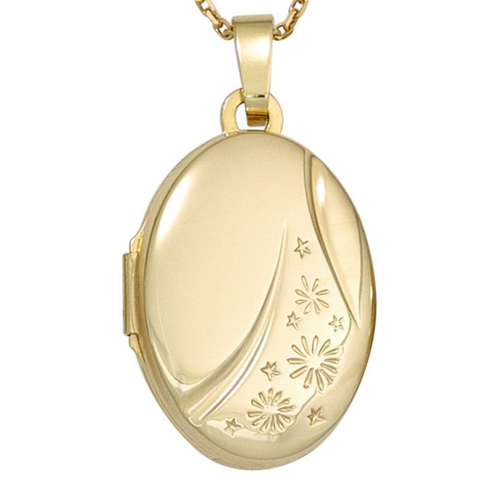 Schmuck Krone Kettenanhänger Medaillon Anhänger zum Öffnen Gravur Sternchen 585 Gold Gelbgold oval Amulett, Gold 585 von Schmuck Krone