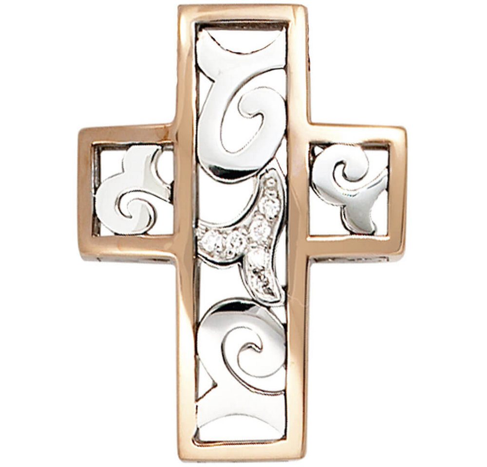 Schmuck Krone Kreuzanhänger Anhänger Kreuz aus 585 Gold bicolor, 6 Diamanten, Gold 585 von Schmuck Krone