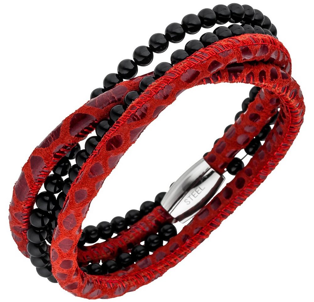 Schmuck Krone Lederarmband Armband Armschmuck aus Leder rot mit Onyx Kugeln & Edelstahl 19cm Lederarmband von Schmuck Krone