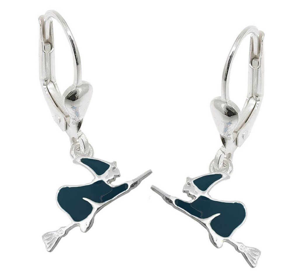 Schmuck Krone Paar Ohrhänger Brisur Hexe auf Besen schwarz lackiert 925 Silber, Silber 925 von Schmuck Krone