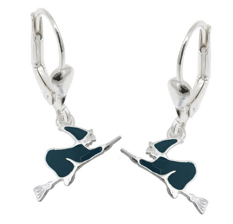 Schmuck Krone Paar Ohrhänger Brisur Hexe auf Besen schwarz lackiert 925 Silber, Silber 925 von Schmuck Krone