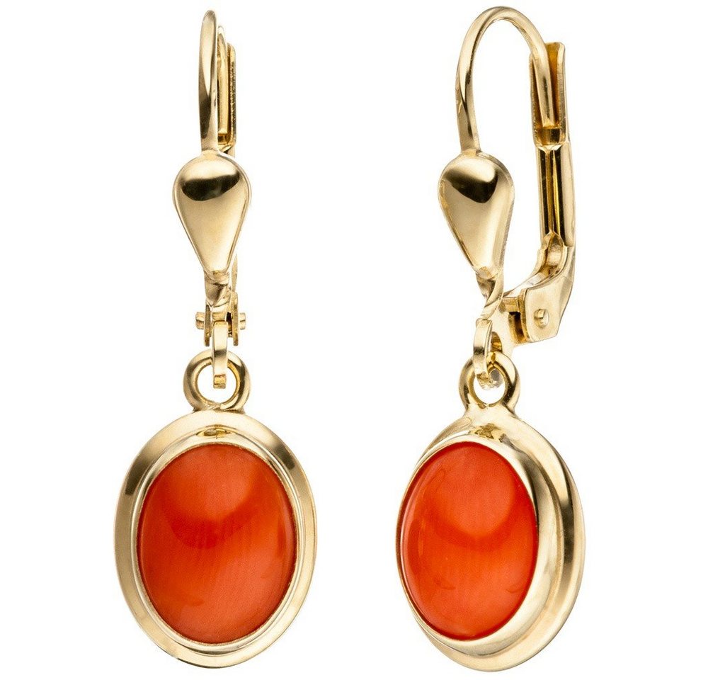 Schmuck Krone Paar Ohrhänger Ohrringe Ohrhänger Brisur mit Korallen orange oval 333 Gold Gelbgold Ohrschmuck, Gold 333 von Schmuck Krone