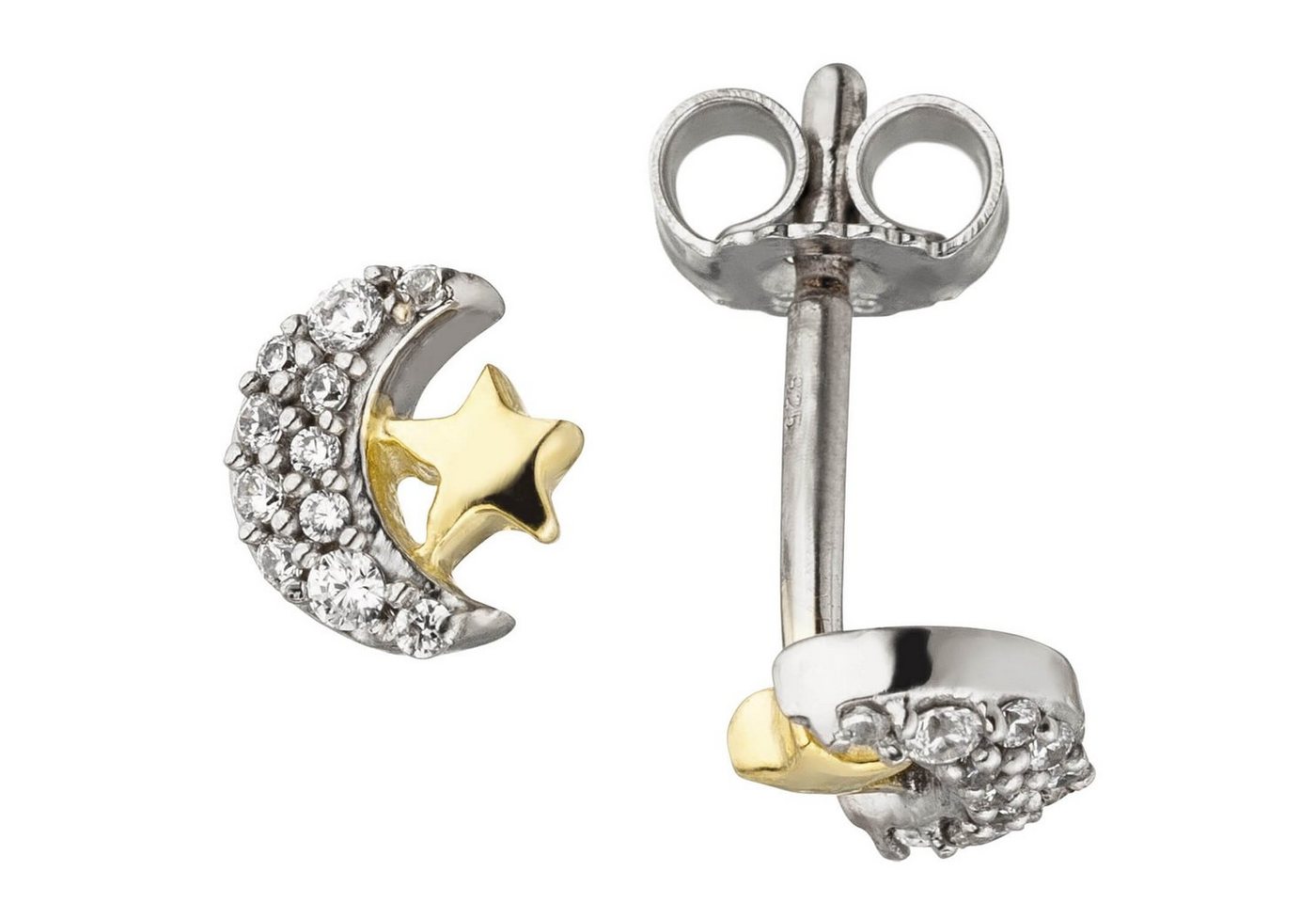 Schmuck Krone Paar Ohrstecker Kinder Ohrstecker Stern & Mond, Zirkonia, 925 Silber vergoldet, Silber 925 von Schmuck Krone