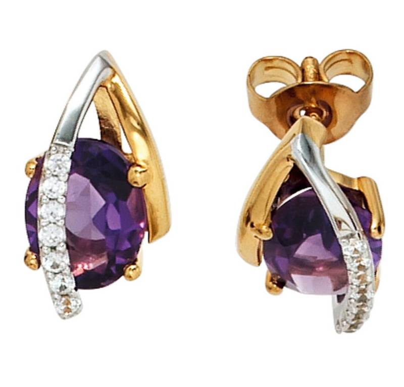 Schmuck Krone Paar Ohrstecker Ohrstecker Amethyst & 14 Brillanten 585 Gold, Gold 585 von Schmuck Krone