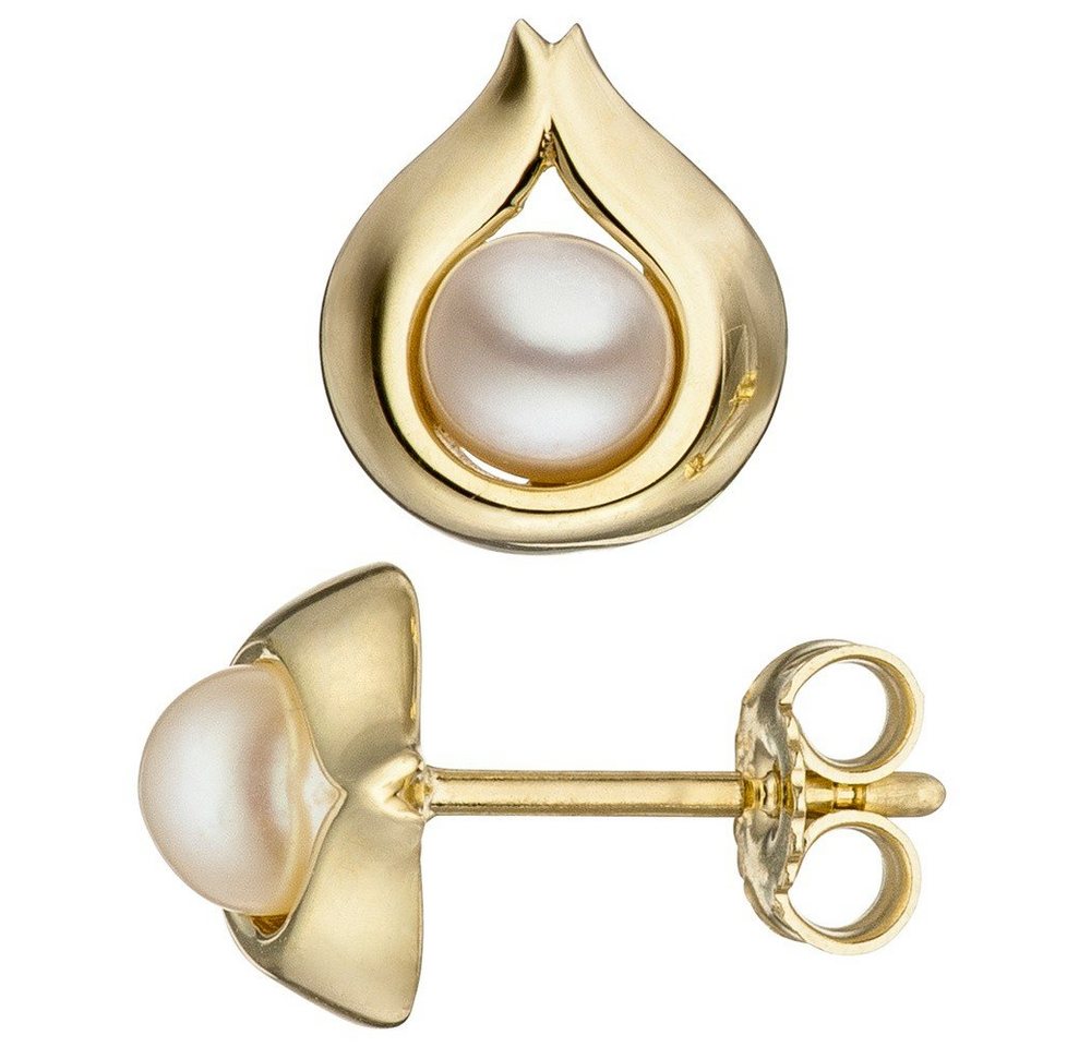 Schmuck Krone Paar Ohrstecker Ohrstecker Ohrringe Tropfen mit Süßwasser Perlen in der Mitte 333 Gold Gelbgold, Gold 333 von Schmuck Krone