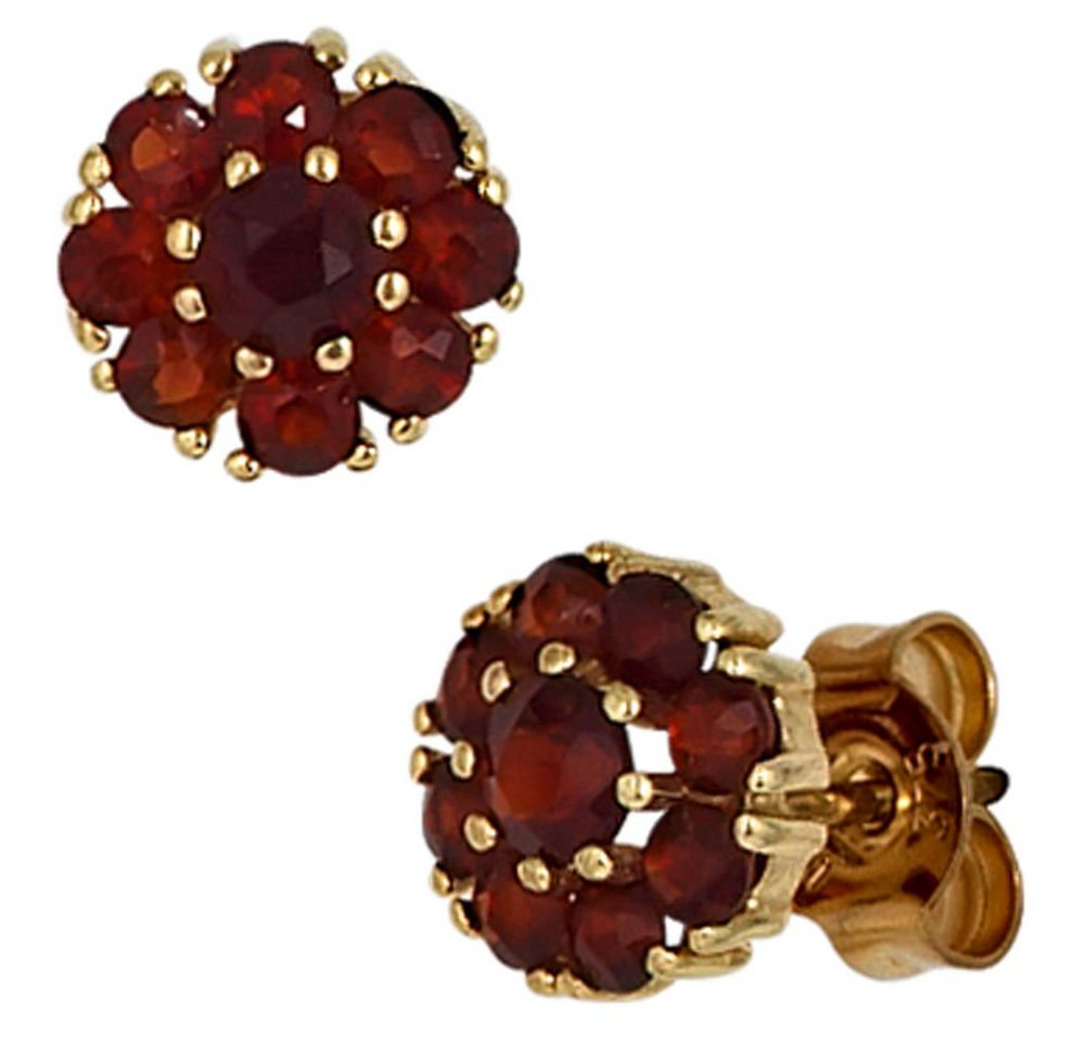 Schmuck Krone Paar Ohrstecker Ohrstecker Ohrschmuck Blume Blumen aus Granat rot 375 Gold Gelbgold, Gold 375 von Schmuck Krone