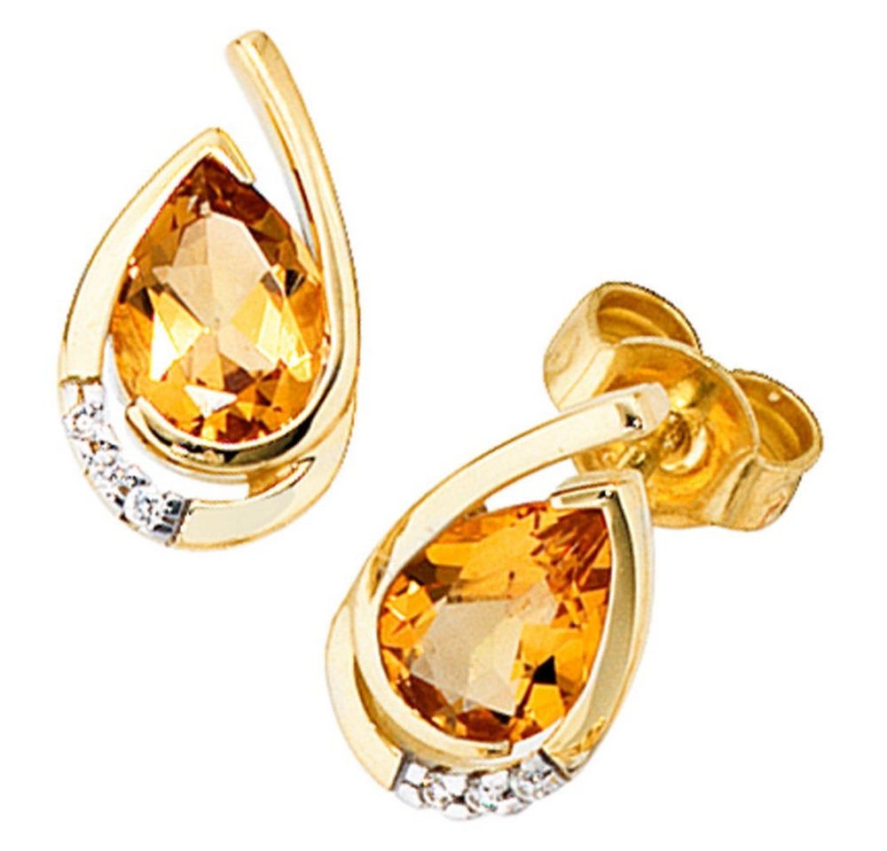 Schmuck Krone Paar Ohrstecker Ohrstecker Ohrschmuck mit Citrin orange & 6 Brillanten 585 Gelbgold Damen, Gold 585 von Schmuck Krone