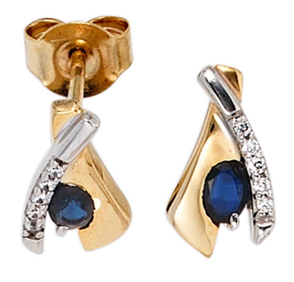 Schmuck Krone Paar Ohrstecker Ohrstecker Stecker Safir Saphir blau & 10 Zirkonia 333 Gold Gelbgold, Gold 333 von Schmuck Krone