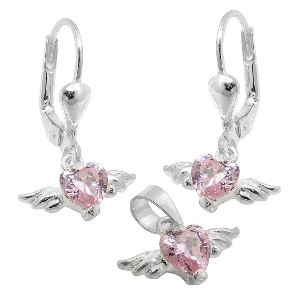 Schmuck Krone Schmuckset Set Anhänger & Ohrringe Herz aus Zirkonia pink mit Flügeln 925 Silber, Silber 925 von Schmuck Krone