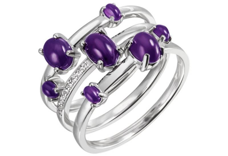 Schmuck Krone Silberring Ring 7 Amethyste lila & 9 Zirkonia weiß 3-reihig 925 Silber rhodiniert B: 12,3mm, Silber 925 von Schmuck Krone