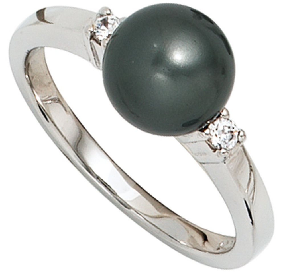 Schmuck Krone Silberring Ring Damenring dunkle synthetische Perle & Zirkonia 925 Silber Damen, Silber 925 von Schmuck Krone